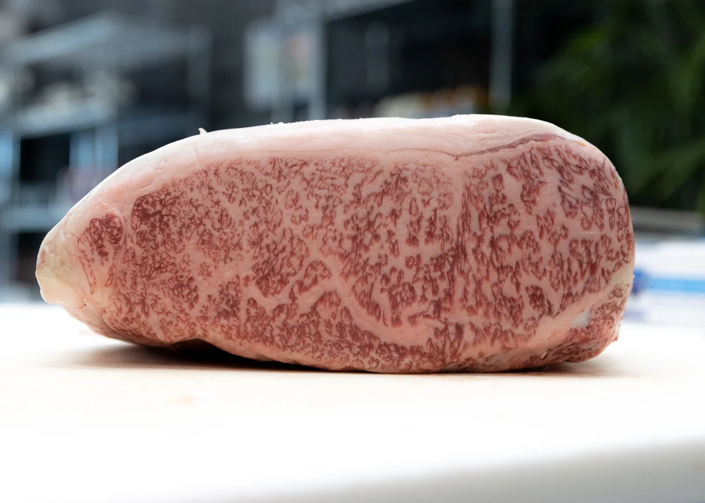Fine marbling in a raw Kobe striploin