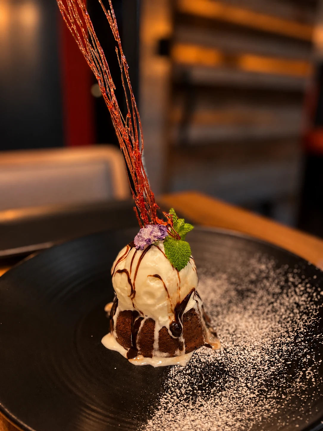 Chocolate Lava Cake with vanilla ice cream at Prime