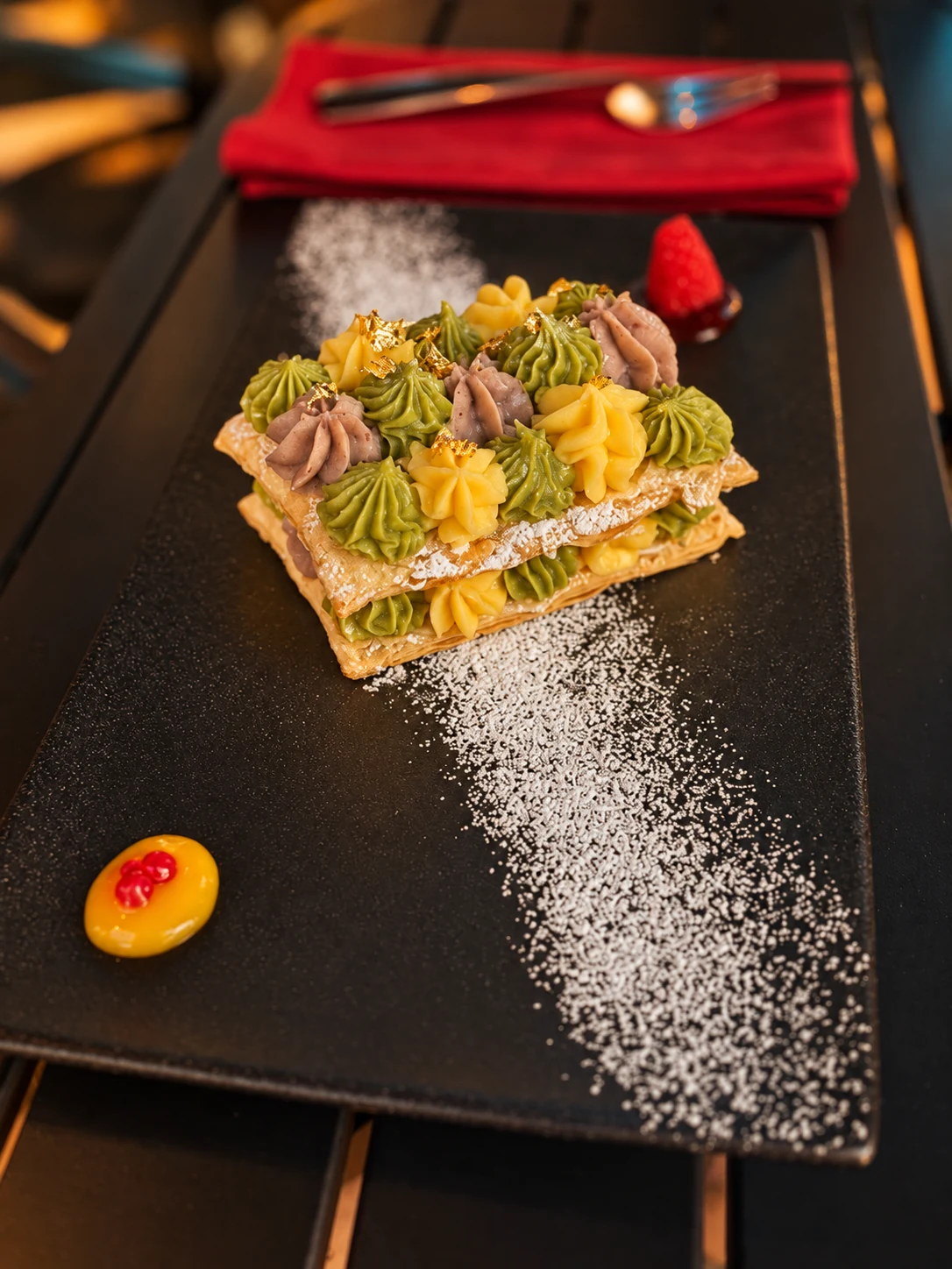 Prime’s Japanese Napoléon with three custards and gold leaf