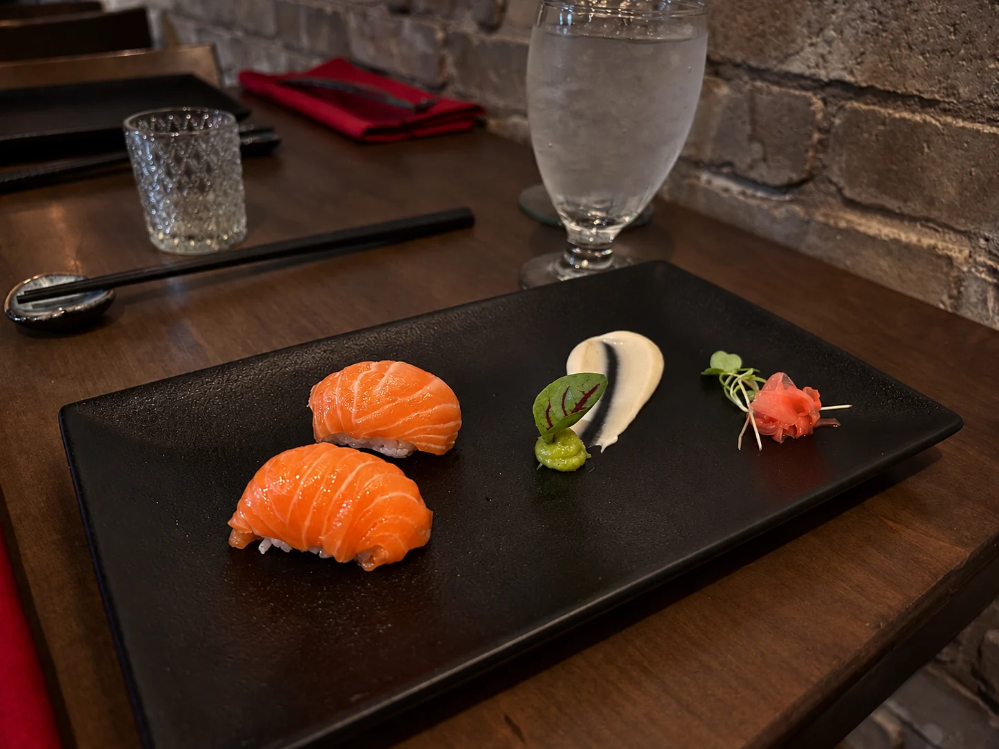 Two pieces of Ōra King salmon nigiri at Prime