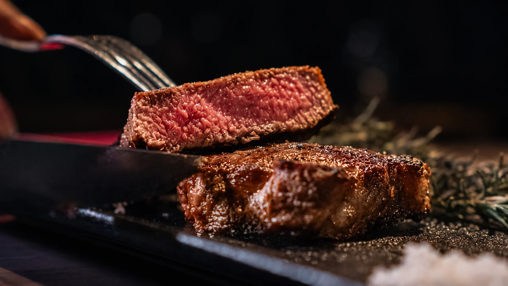 A freshly sliced steak at Prime