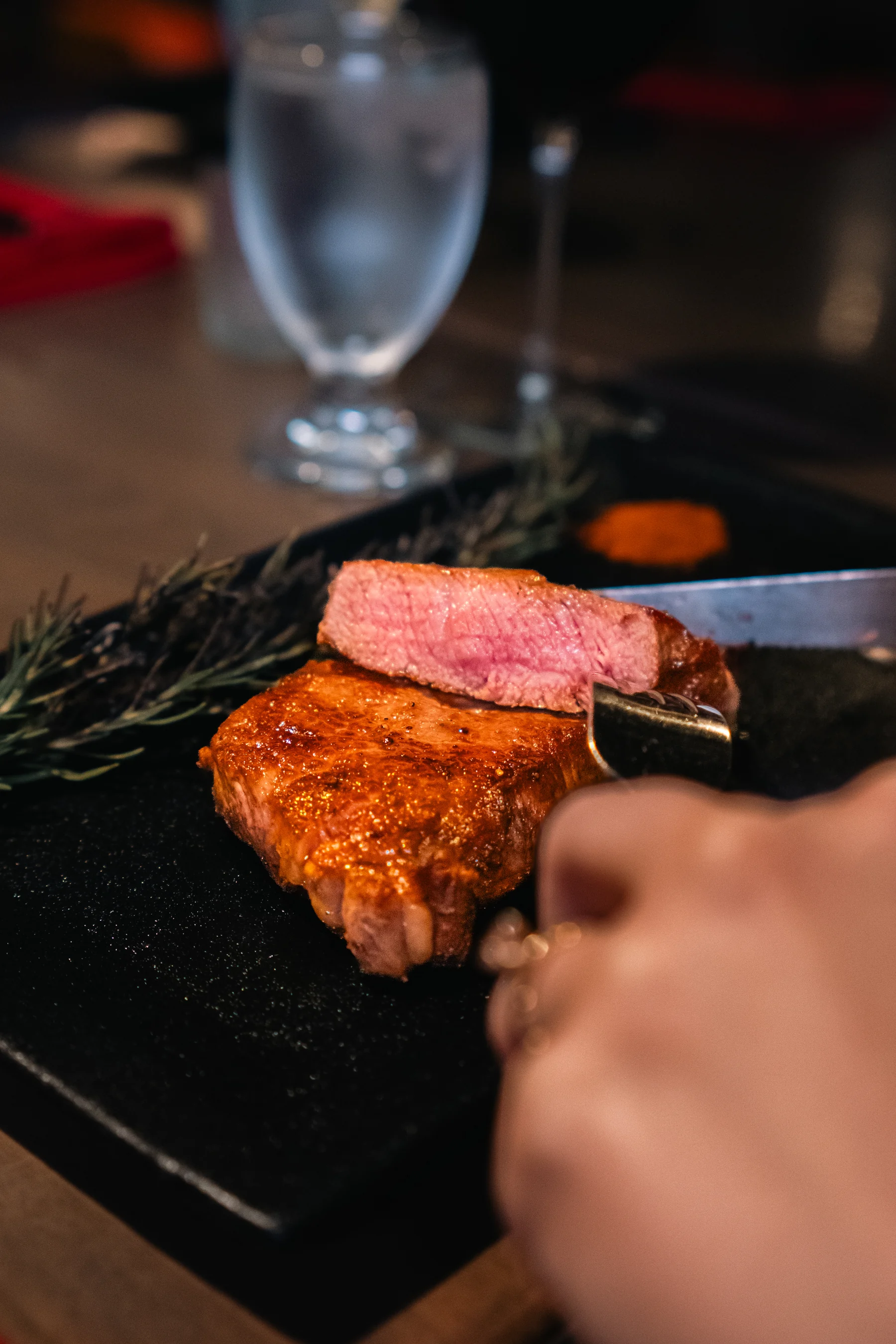 Steak sliced at the table