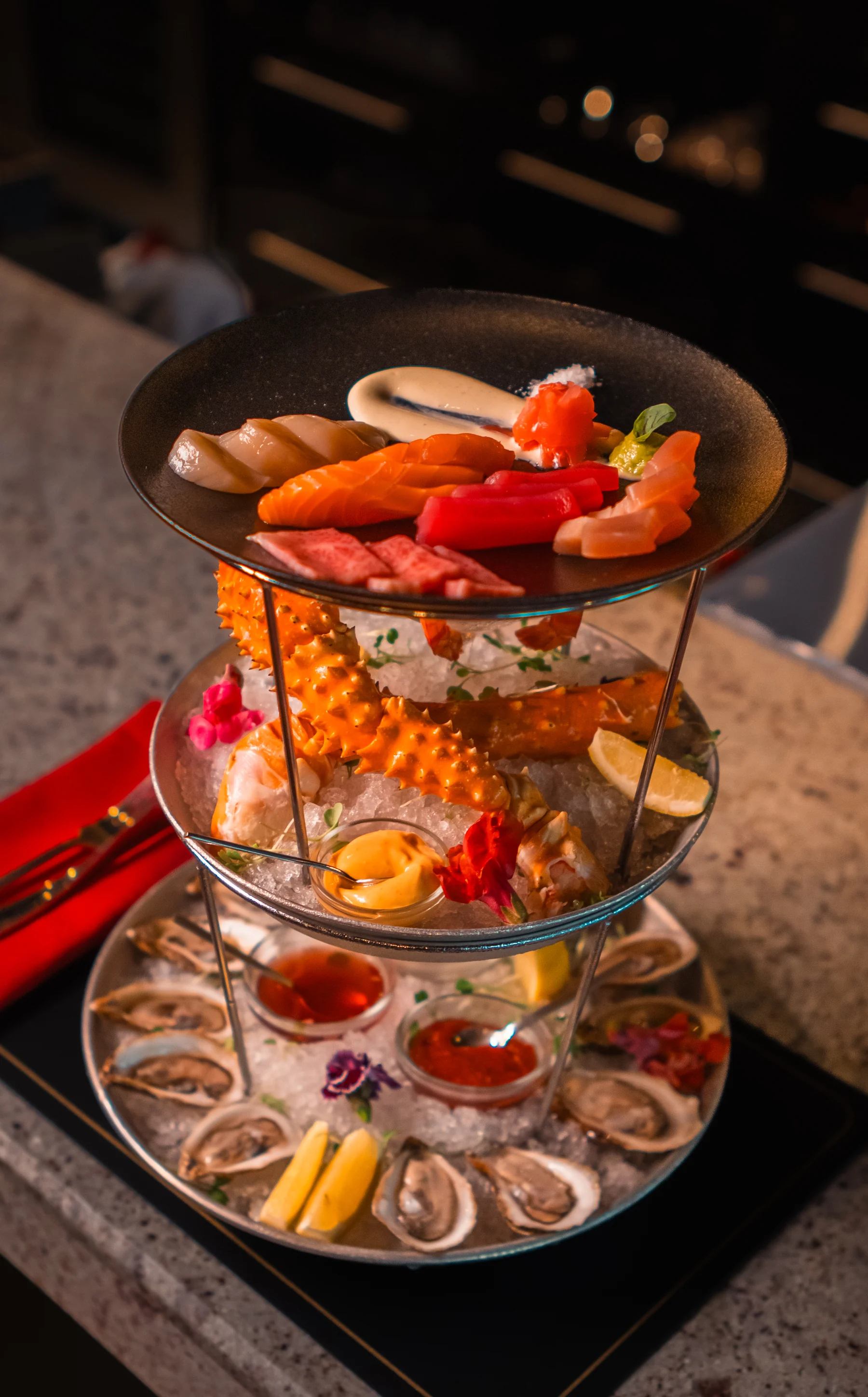 A seafood and sashimi tower at Prime